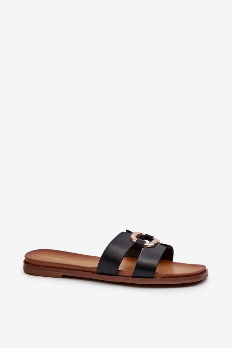 Online Płaskie Klapki Damskie Z Eko Skóry Sergio Leone SK077H Czarne Damskie Klapki Damskie Klasyczne