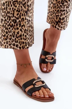 Online Płaskie Klapki Damskie Z Eko Skóry Sergio Leone SK077H Czarne Damskie Klapki Damskie Klasyczne