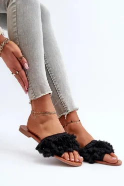 Best Boto Płaskie Klapki Damskie Z Frędzlami Czarne Rialle Czarny