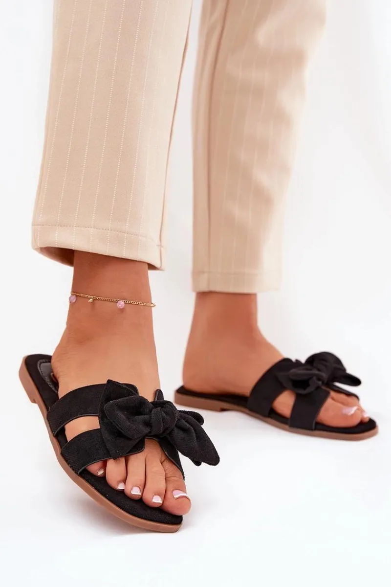 Płaskie Klapki Damskie Z Kokardką Czarne Tobin Damskie Klapki Damskie Klasyczne