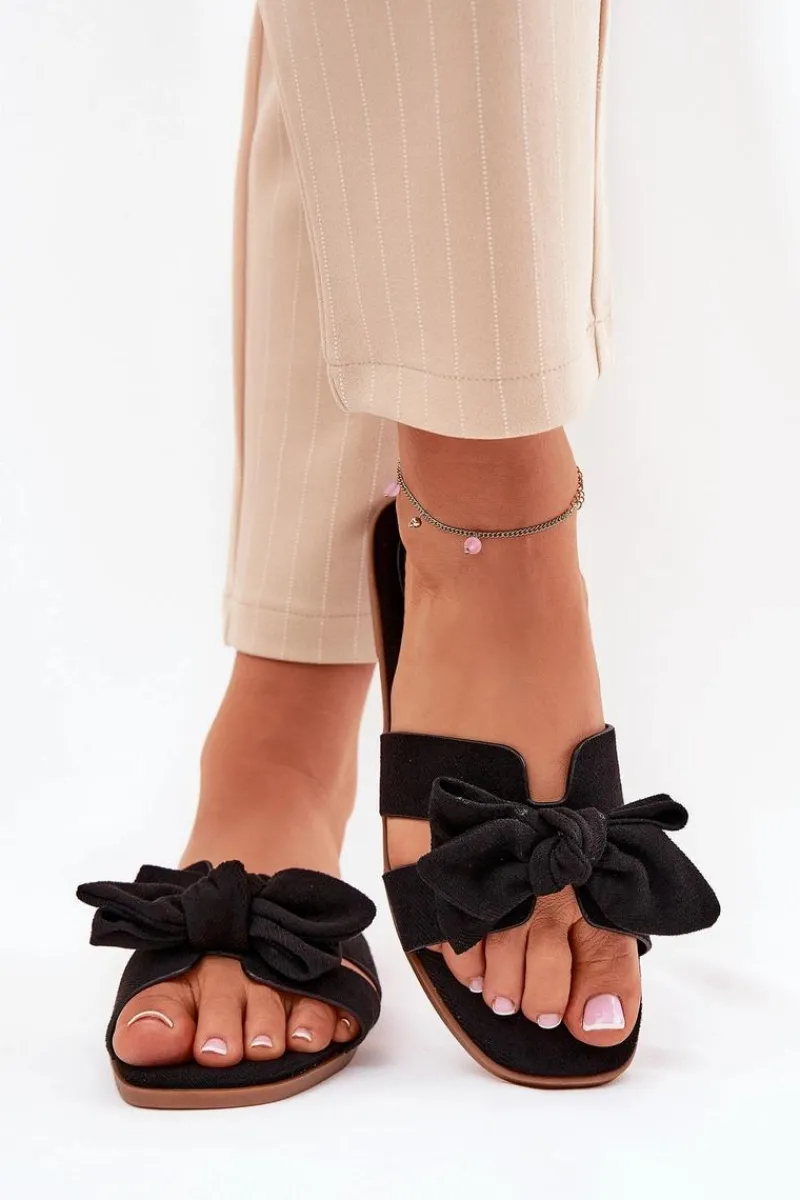 Płaskie Klapki Damskie Z Kokardką Czarne Tobin Damskie Klapki Damskie Klasyczne
