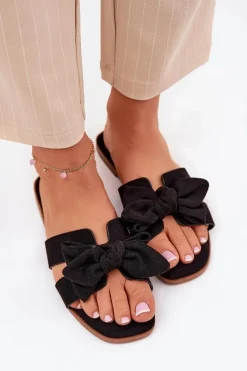 Płaskie Klapki Damskie Z Kokardką Czarne Tobin Damskie Klapki Damskie Klasyczne