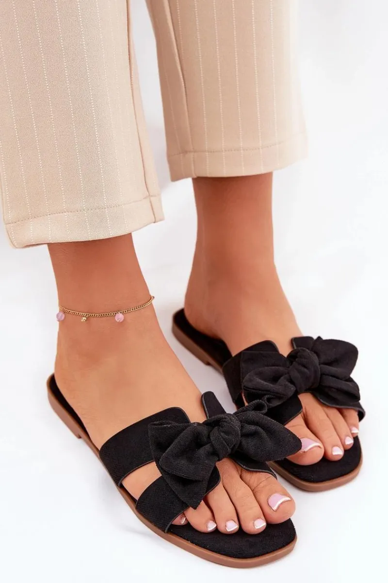 Płaskie Klapki Damskie Z Kokardką Czarne Tobin Damskie Klapki Damskie Klasyczne