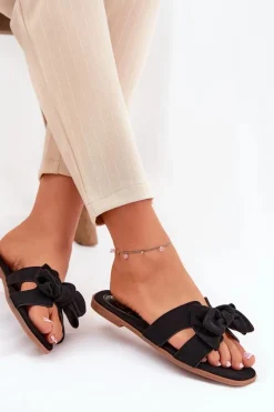 Płaskie Klapki Damskie Z Kokardką Czarne Tobin Damskie Klapki Damskie Klasyczne