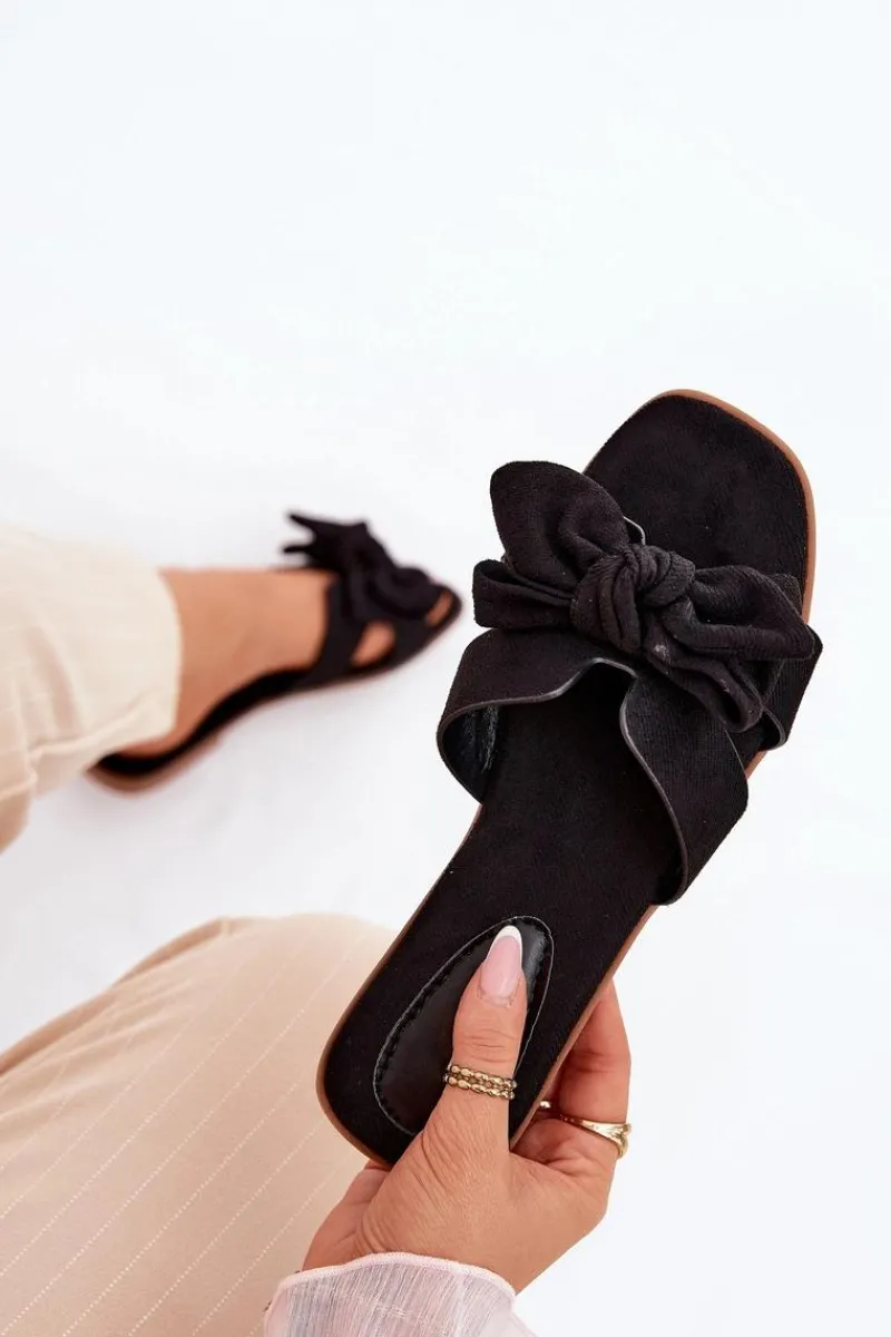 Płaskie Klapki Damskie Z Kokardką Czarne Tobin Damskie Klapki Damskie Klasyczne