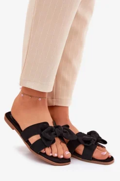 Płaskie Klapki Damskie Z Kokardką Czarne Tobin Damskie Klapki Damskie Klasyczne