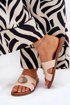 Sale Boto Płaskie Klapki Damskie Z Ozdobnym Detalem Beżowe Oferry