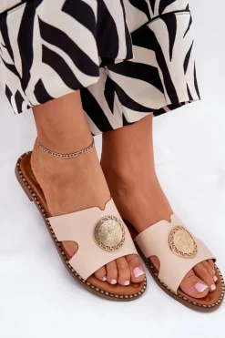 Sale Boto Płaskie Klapki Damskie Z Ozdobnym Detalem Beżowe Oferry