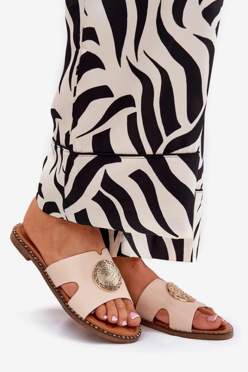 Sale Boto Płaskie Klapki Damskie Z Ozdobnym Detalem Beżowe Oferry