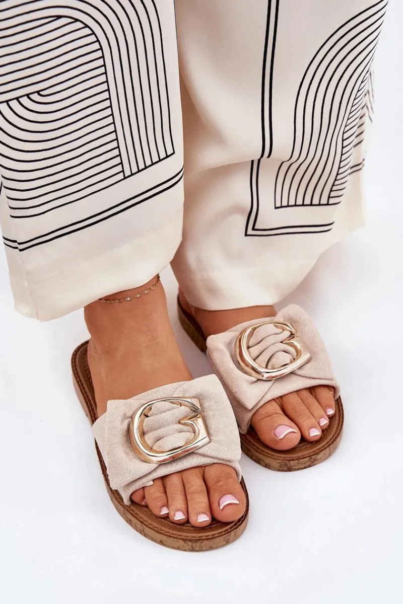 Boto Płaskie Klapki Damskie Z Ozdobnym Detalem Beżowe Nellodra Beżowy