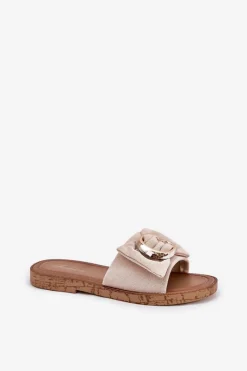 Boto Płaskie Klapki Damskie Z Ozdobnym Detalem Beżowe Nellodra Beżowy