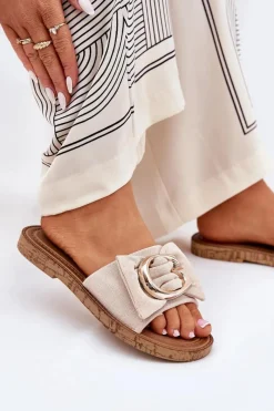 Boto Płaskie Klapki Damskie Z Ozdobnym Detalem Beżowe Nellodra Beżowy