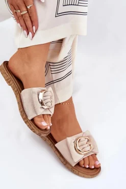 Boto Płaskie Klapki Damskie Z Ozdobnym Detalem Beżowe Nellodra Beżowy