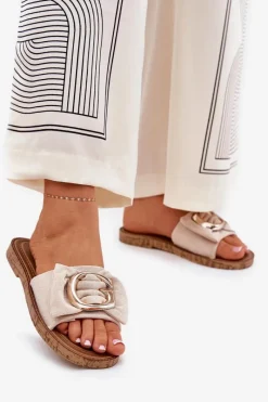 Boto Płaskie Klapki Damskie Z Ozdobnym Detalem Beżowe Nellodra Beżowy