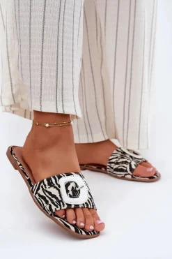 Hot Boto Płaskie Klapki Damskie Z Ozdobną Klamrą Zebra Clariola