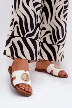 Płaskie Klapki Damskie Z Ozdobnym Detalem Białe Oferry Damskie Klapki Damskie Klasyczne