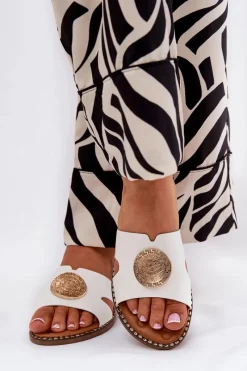 Płaskie Klapki Damskie Z Ozdobnym Detalem Białe Oferry Damskie Klapki Damskie Klasyczne