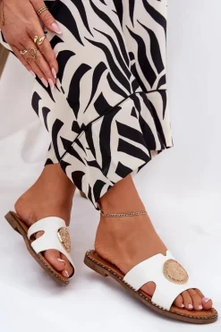 Płaskie Klapki Damskie Z Ozdobnym Detalem Białe Oferry Damskie Klapki Damskie Klasyczne