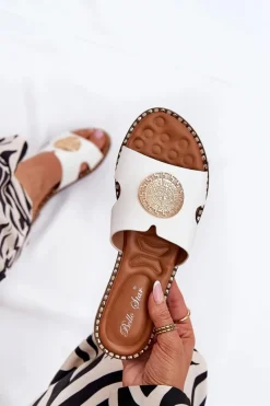 Płaskie Klapki Damskie Z Ozdobnym Detalem Białe Oferry Damskie Klapki Damskie Klasyczne