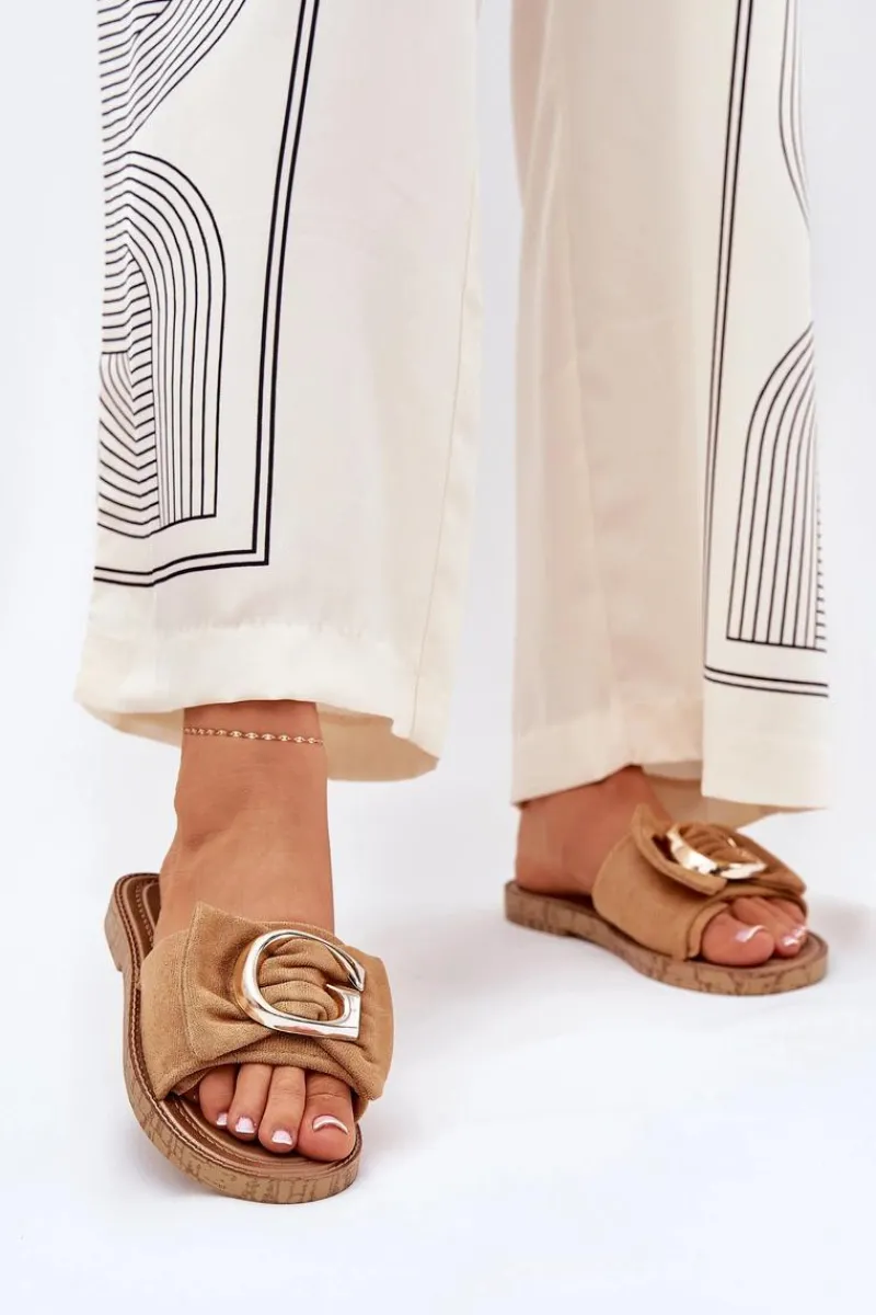 Outlet Płaskie Klapki Damskie Z Ozdobnym Detalem Camel Nellodra Damskie Klapki Damskie Klasyczne