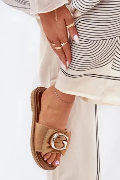 Outlet Płaskie Klapki Damskie Z Ozdobnym Detalem Camel Nellodra Damskie Klapki Damskie Klasyczne
