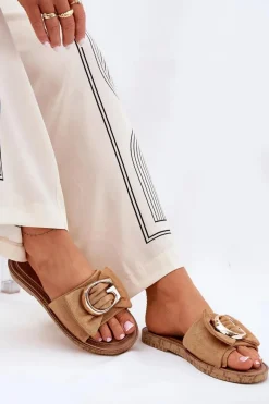 Outlet Płaskie Klapki Damskie Z Ozdobnym Detalem Camel Nellodra Damskie Klapki Damskie Klasyczne