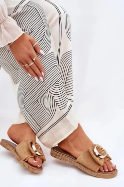 Outlet Płaskie Klapki Damskie Z Ozdobnym Detalem Camel Nellodra Damskie Klapki Damskie Klasyczne