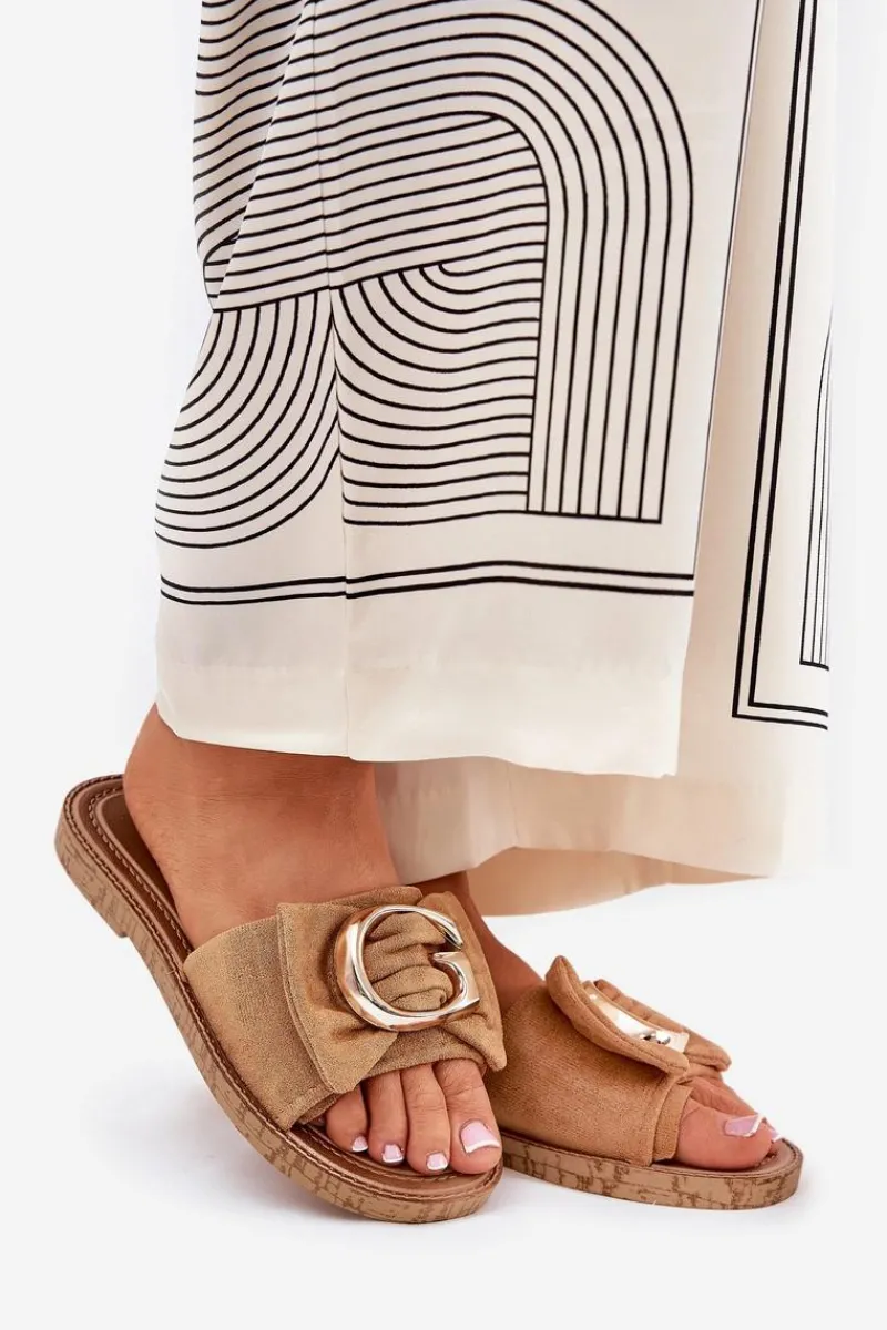 Outlet Płaskie Klapki Damskie Z Ozdobnym Detalem Camel Nellodra Damskie Klapki Damskie Klasyczne