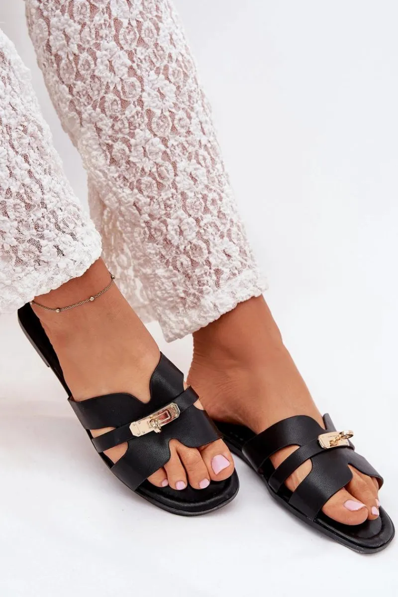 Best Boto Płaskie Klapki Damskie Z Paseczkiem I Złotym Detalem Czarne Kerenza Czarny