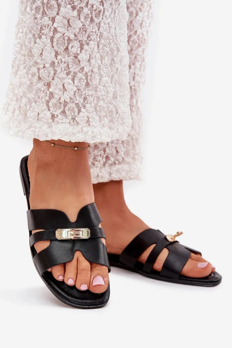 Best Boto Płaskie Klapki Damskie Z Paseczkiem I Złotym Detalem Czarne Kerenza Czarny