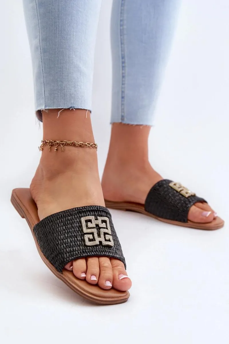 Clearance Evento Płaskie Klapki Damskie Z Plecionką I Ozdobą Czarne Omenna Czarny