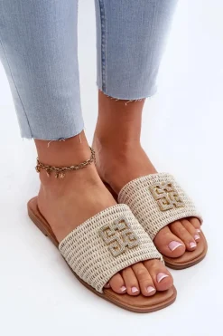 Online Płaskie Klapki Damskie Z Plecionką I Ozdobą Białe Omenna Damskie Klapki Damskie Klasyczne