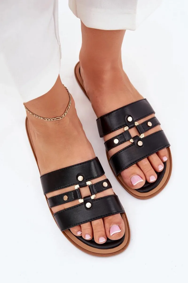 Sale Boto Płaskie Klapki Damskie Ze Złotym Detalem Czarne Noroti Czarny