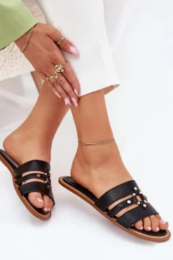 Sale Boto Płaskie Klapki Damskie Ze Złotym Detalem Czarne Noroti Czarny