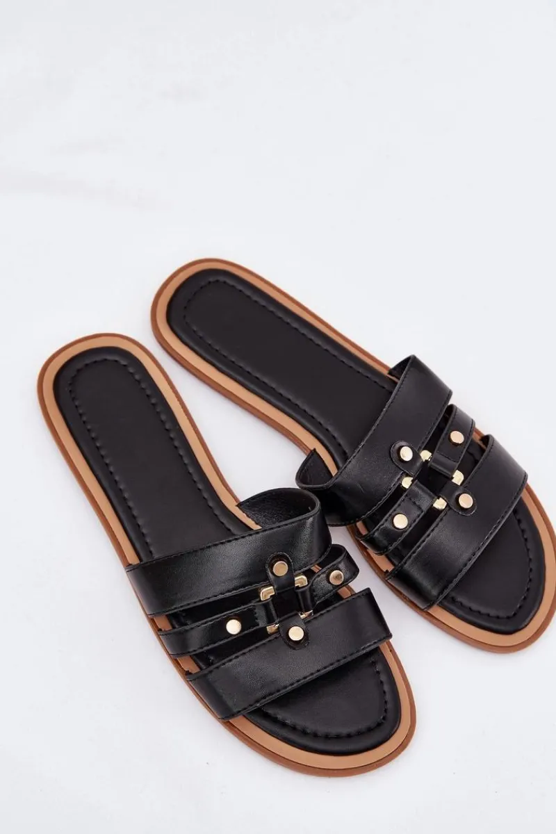 Sale Boto Płaskie Klapki Damskie Ze Złotym Detalem Czarne Noroti Czarny