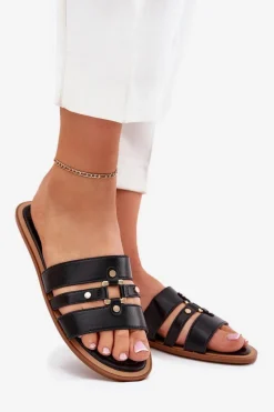 Sale Boto Płaskie Klapki Damskie Ze Złotym Detalem Czarne Noroti Czarny