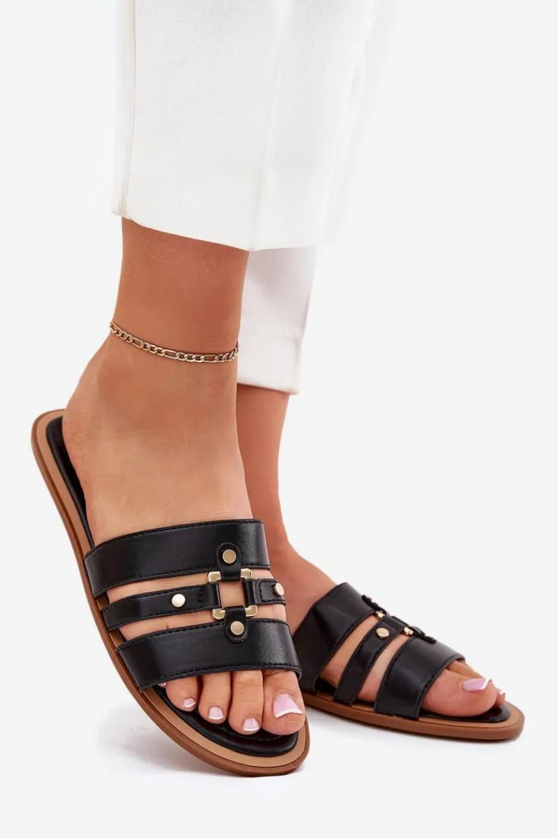 Sale Boto Płaskie Klapki Damskie Ze Złotym Detalem Czarne Noroti Czarny