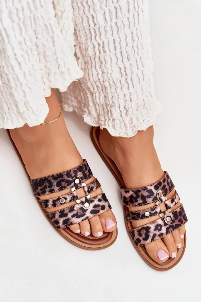 Boto Płaskie Klapki Damskie Ze Złotym Detalem Panterka Noroti Brązowy