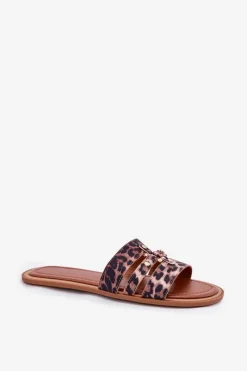 Boto Płaskie Klapki Damskie Ze Złotym Detalem Panterka Noroti Brązowy