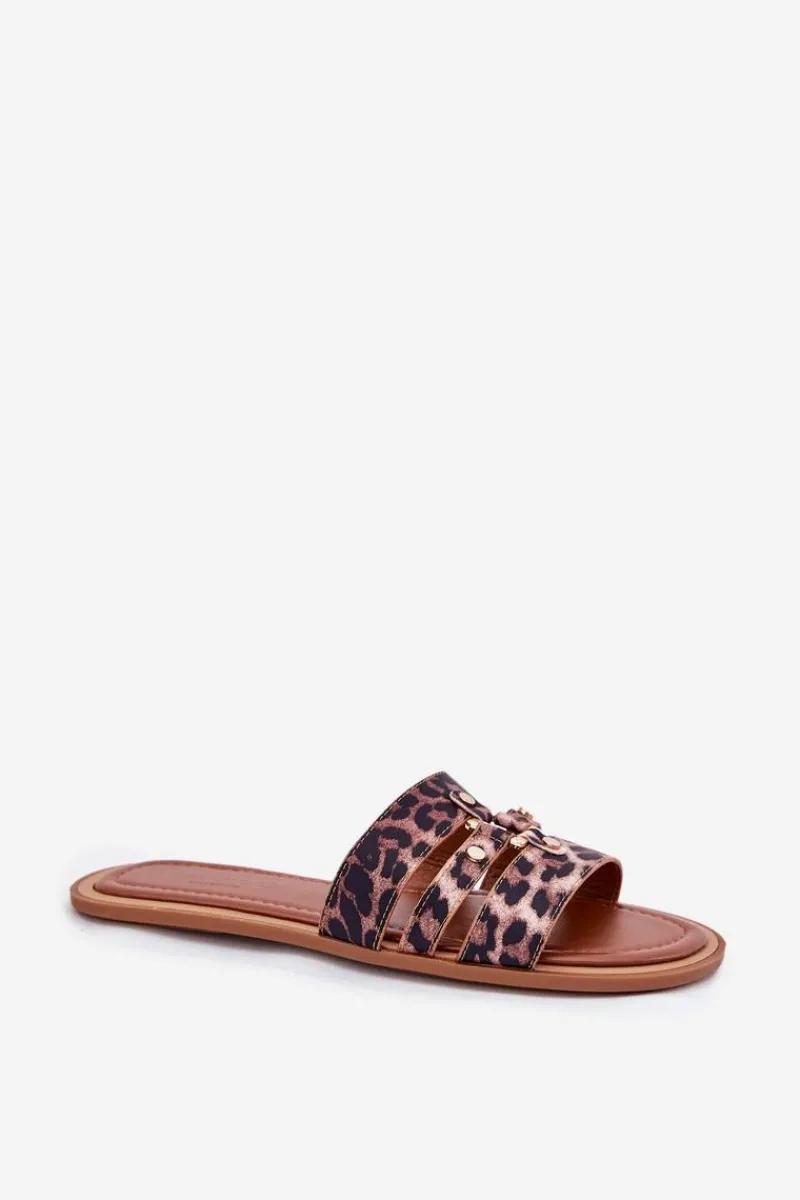 Boto Płaskie Klapki Damskie Ze Złotym Detalem Panterka Noroti Brązowy