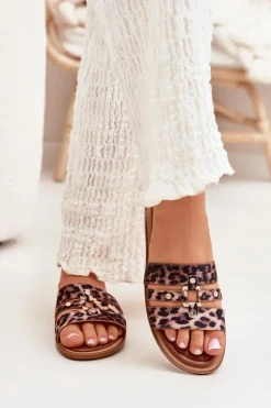 Boto Płaskie Klapki Damskie Ze Złotym Detalem Panterka Noroti Brązowy