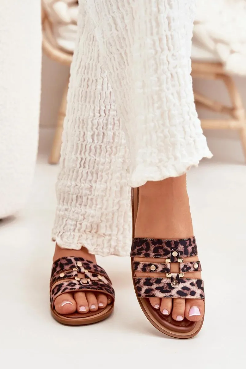 Boto Płaskie Klapki Damskie Ze Złotym Detalem Panterka Noroti Brązowy