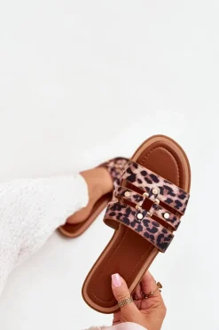 Boto Płaskie Klapki Damskie Ze Złotym Detalem Panterka Noroti Brązowy