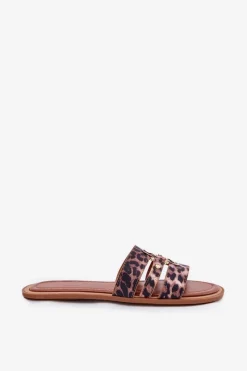 Boto Płaskie Klapki Damskie Ze Złotym Detalem Panterka Noroti Brązowy