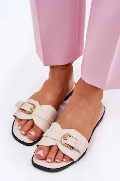 Outlet Płaskie Klapki Damskie Ze Złotą Klamrą Beżowe Esiobb Damskie Klapki Damskie Klasyczne