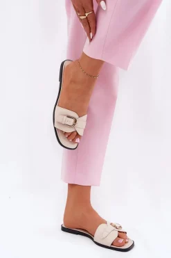 Outlet Płaskie Klapki Damskie Ze Złotą Klamrą Beżowe Esiobb Damskie Klapki Damskie Klasyczne