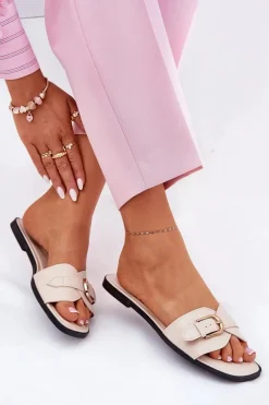 Outlet Płaskie Klapki Damskie Ze Złotą Klamrą Beżowe Esiobb Damskie Klapki Damskie Klasyczne