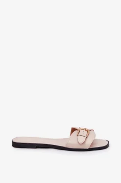 Outlet Płaskie Klapki Damskie Ze Złotą Klamrą Beżowe Esiobb Damskie Klapki Damskie Klasyczne