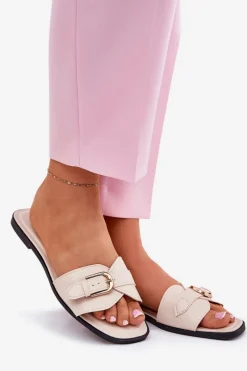 Outlet Płaskie Klapki Damskie Ze Złotą Klamrą Beżowe Esiobb Damskie Klapki Damskie Klasyczne