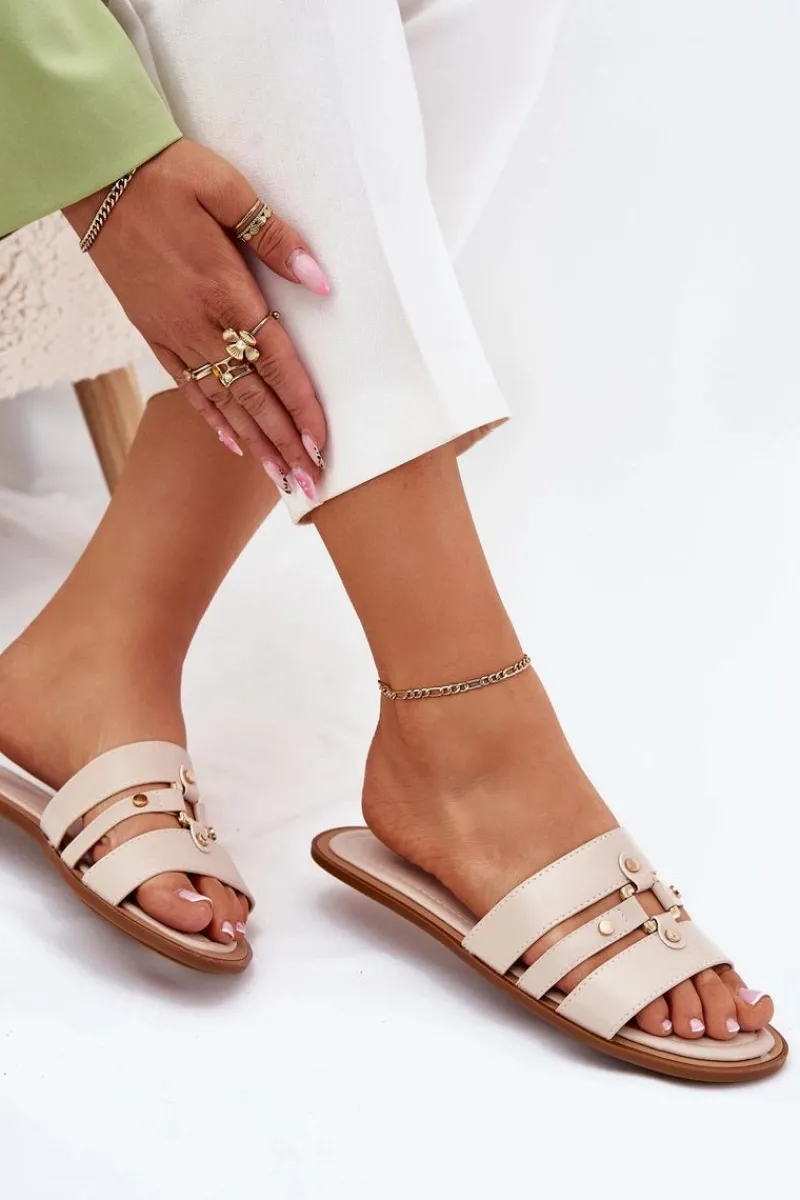 Sale Płaskie Klapki Damskie Ze Złotym Detalem Beżowe Noroti Damskie Klapki Damskie Klasyczne